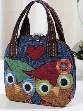 Colorful Owl Tapestry Handbag with Heart Accent - Multicolor